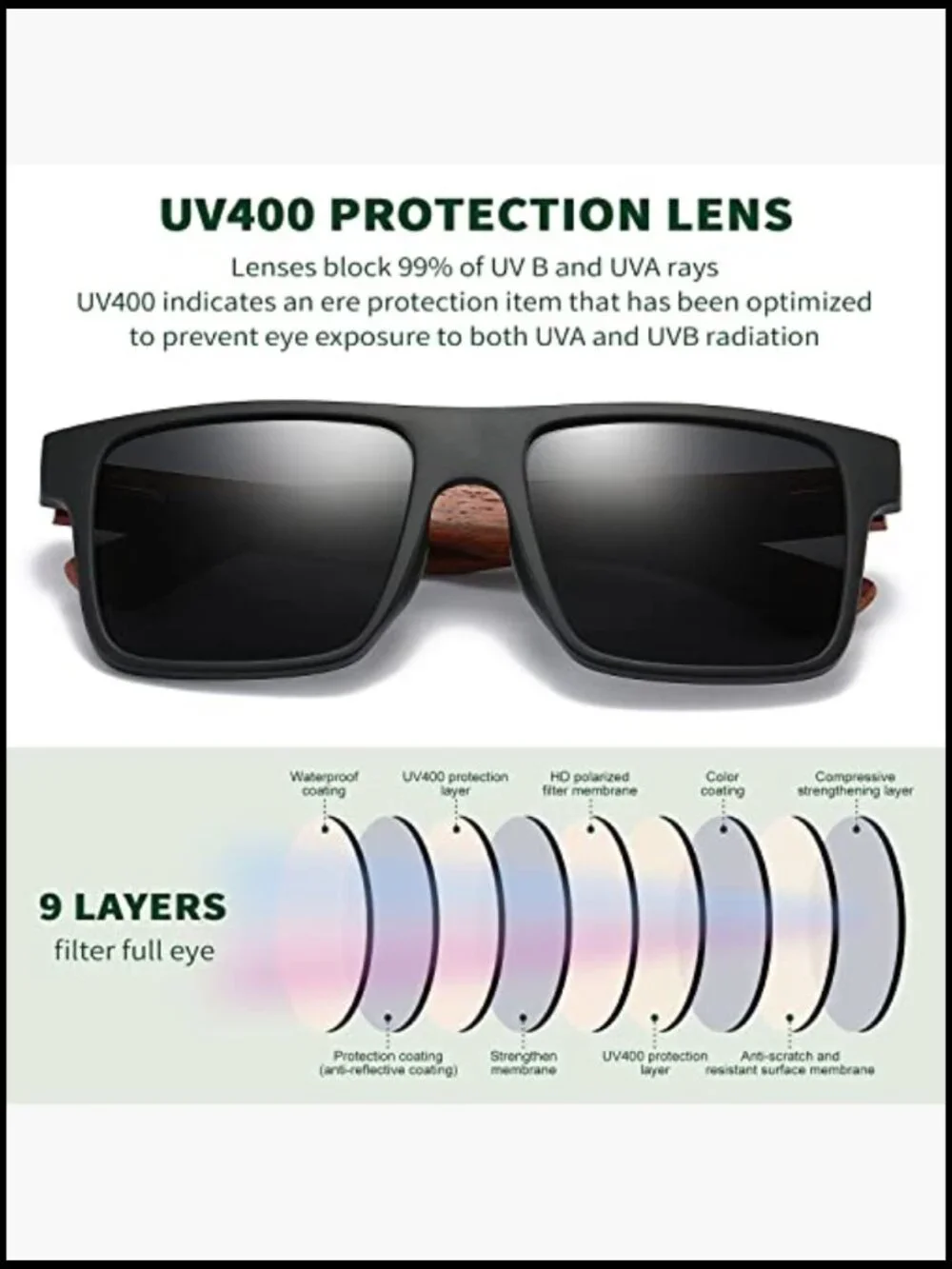 Square Polarized Wood Sunglasses UV400 Protection Unisex